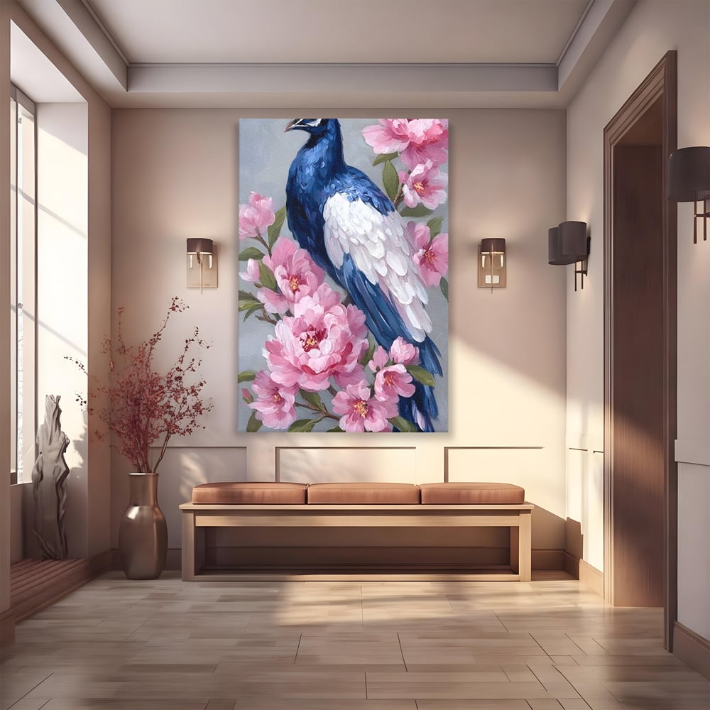 Tablou canvas cu tablou canvas cu paun si bujori roz, fara rama, pe sasiu de lemn